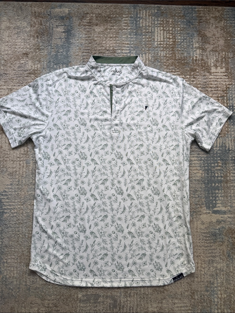 Primo Men’s White Polo with Green Botanical Pattern